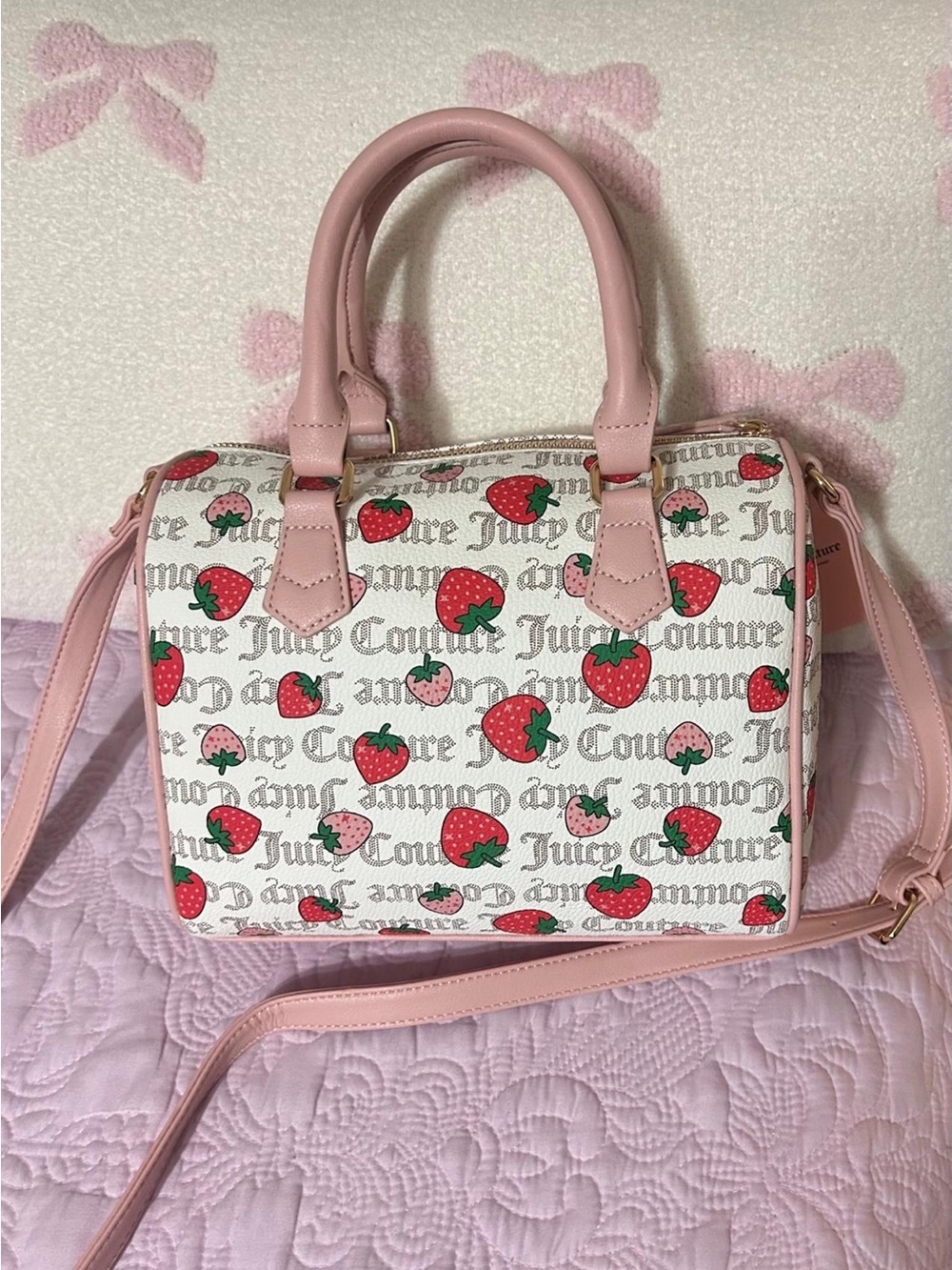 Vintage Juicy Couture Pink Strawberry Print Dome Satchel - Picture 2 of 16